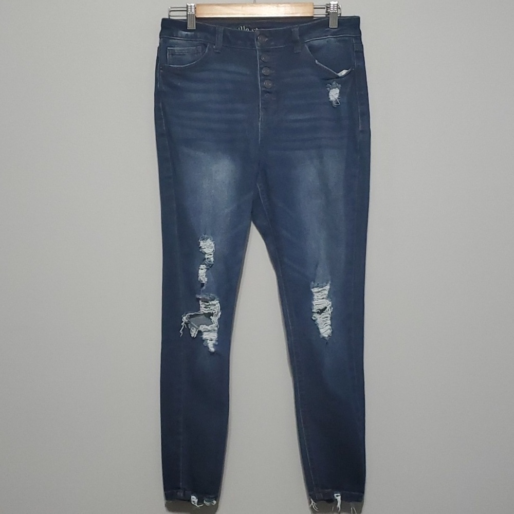 Vanilla Star Button Fly High Rise Blue jeans women's size 11 Factory Distressed